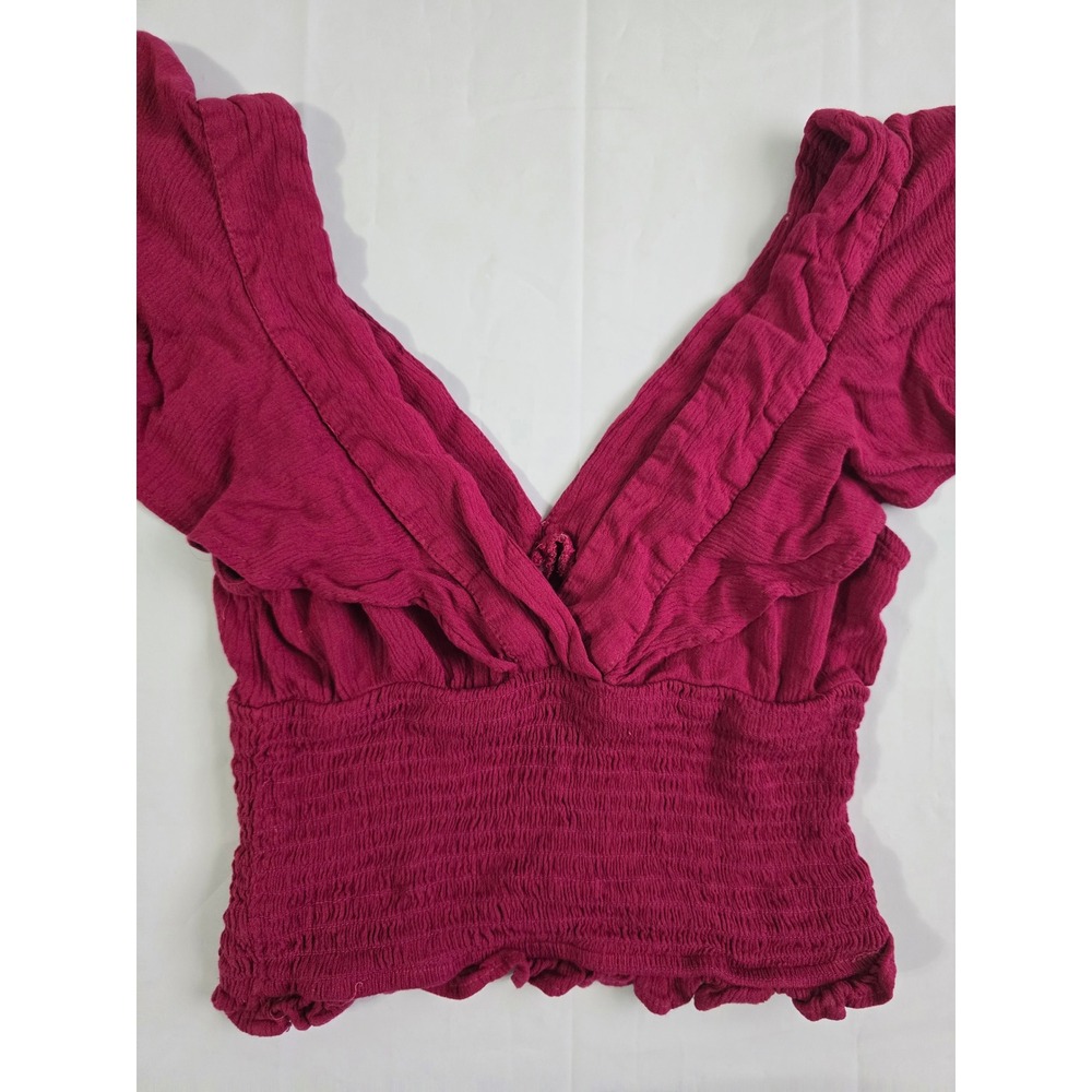 Stradivarius Smocked Crop Top Pink Embroidered Ruffle V-Neck Boho Sleeveless S - Picture 11 of 16